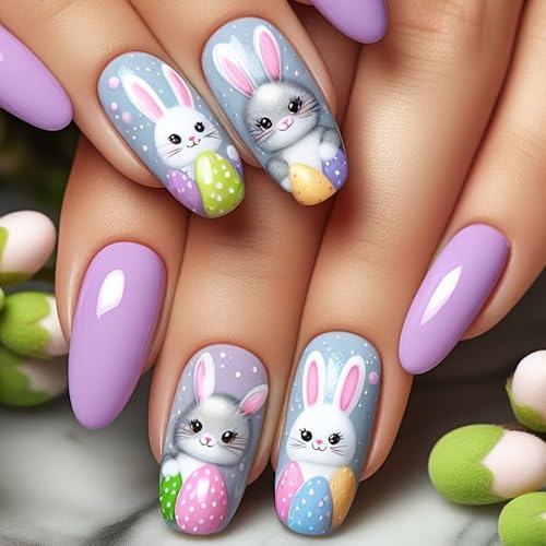 Easter Press on Nails Medium Almond Bunny Purple Glossy Fake Nails 24 Pcs