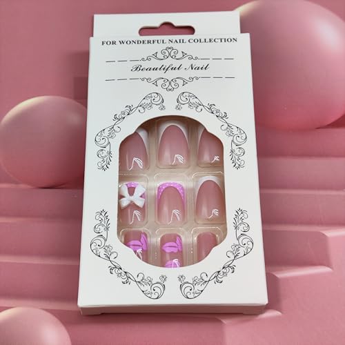 Pink French Tip Press on Nails Short Square Fake Nails with 3D Bow Rhinestones