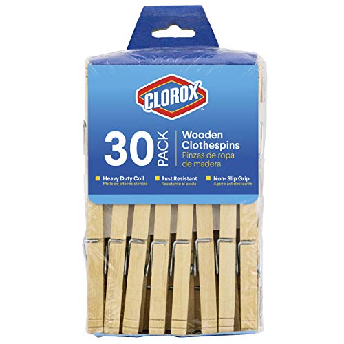 Clorox 30 Pack Rust-Resistant Wooden Clothespins with Spring, Heavy-Duty Non-Slip Laundry Clips