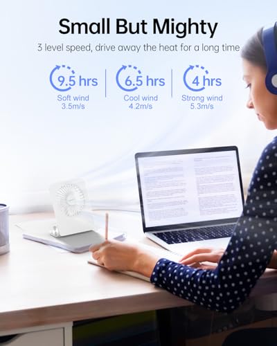 TriPole 4.5" Portable Desk Fan, Rechargeable 2000mAh Battery - White