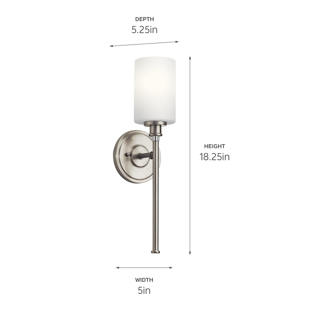 Kichler Joelson 18.25" 1 Light Wall Sconce with Satin Etched Cased Opal and Clear Glass Accent Glass in Brushed Nickel