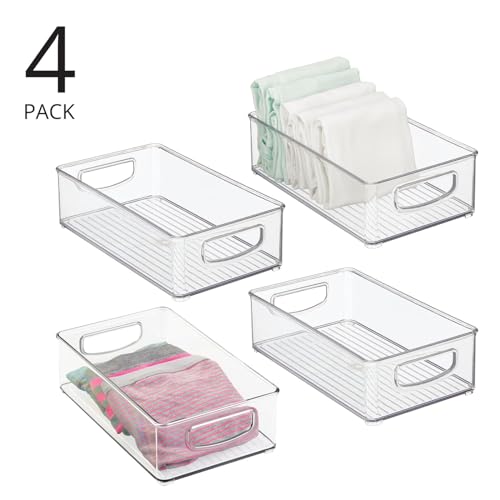 mDesign Small Plastic Storage Organizer Container Bin, Closet Organization for Hallway, Bedroom, Linen, Coat, Entryway - Holds Clothing, Blankets, Accessories, Toys - Ligne Collection, 4 Pack, Clear