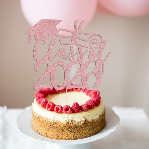 Class of 2026 Rose Gold Glitter Graduation Cake Topper