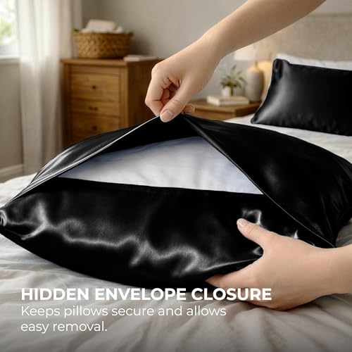Pure Bedding Satin Pillowcases - Queen 20x30, Black, 2 Pack