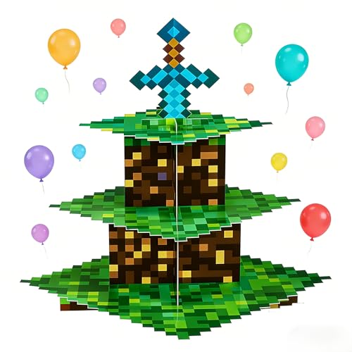 3-Tier Pixel Art Cupcake Stand for Retro Gaming & Anime Parties