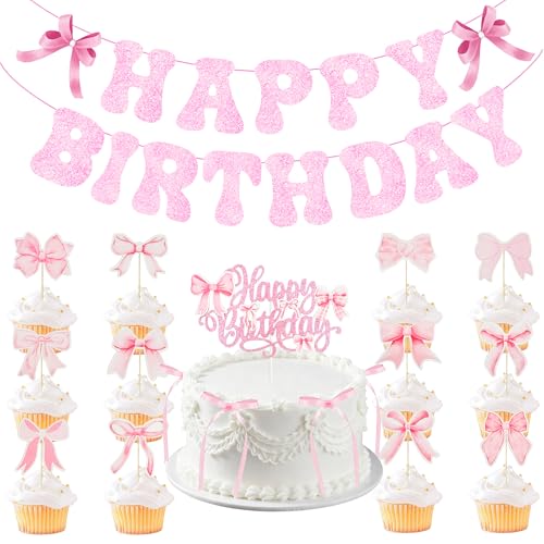 Pink Bow Birthday Decorations Set - 20Pcs Cake & Cupcake Toppers