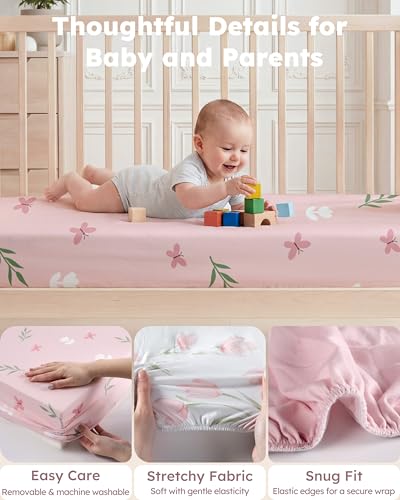 Nyessmee Fitted Crib Sheets for Baby, 2-Pack Pink Tulips, 52" x 28"