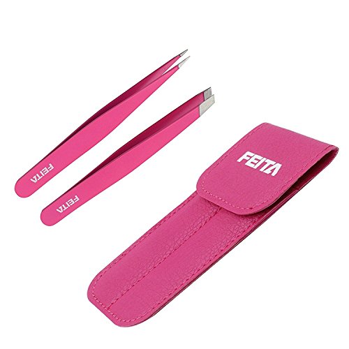 FEITA Professional Stainless Steel Eyebrow Tweezers Set - Pink Slant & Pointed Hair Removal Clip with Travel Case, 2 Pcs
