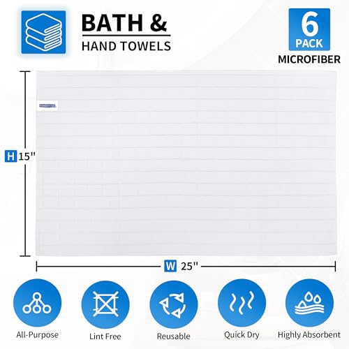 HOMERHYME Microfiber Hand Towels - 6 Pack, White, 25" x 15" Quick Dry