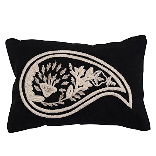 Woven Cotton Lumbar Pillow with Embroidered Paisley Design - 14x9 Inches