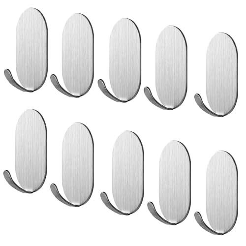 Silver Adhesive Hooks - 10 Pack Stainless Steel Utility Hooks for Kitchen & Bathroom