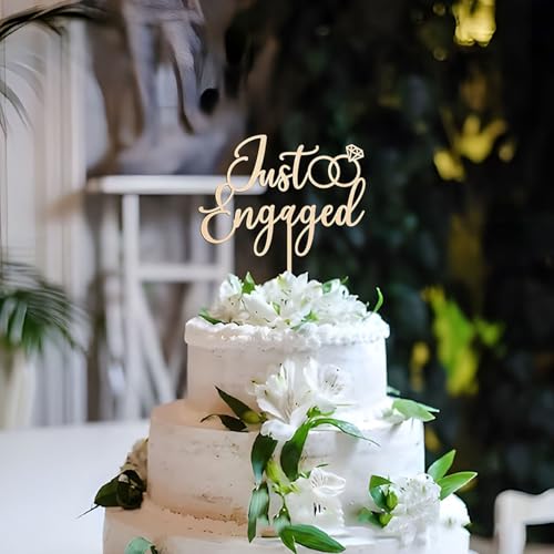 Wooden Just Engaged Cake Topper with Diamond Ring Design, 7.7 x 6 Inches