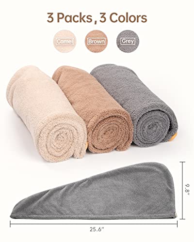 YFONG 3-Pack Microfiber Hair Towel Wrap - Gray, Camel, Brown - Anti-Frizz