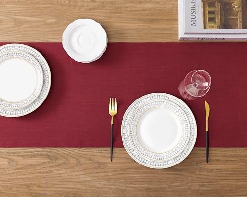 Red Linen Textured Border Table Runner 14x72 Inch for Dining & Decor - ZeeMart