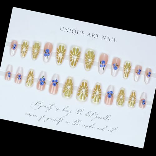 3D Fruit Press On Nails Medium Almond French Tip False Nails