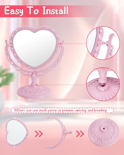 Pink Heart-Shaped Desk Mirror, Double-Sided Rotating Vanity Mirror