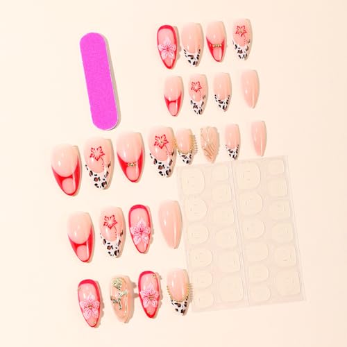 Pink Press on Nails Medium False Nails with 3D Gold Roses and Leopard
