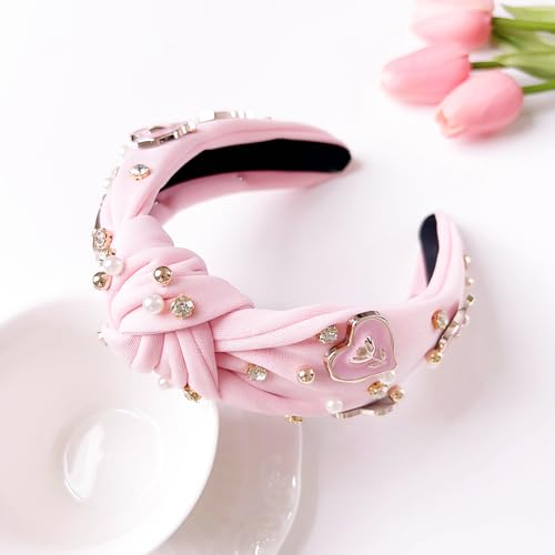 Sokfone Pearl Rhinestone Knotted Headband - Pink Valentine Heart Hair Accessory