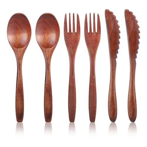 6 Pcs Wooden Utensils for Eating, Wooden Spoon Fork Cutlery Set Kitchen Wood Dinner Flatware Tableware Reusable Wood Spoon, Wooden Forks,Wooden Scraper for Travel and Camping