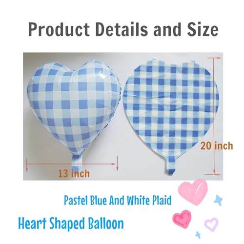 10 Pcs 18-Inch Blue Checked Heart Balloons - Pastel Gingham Foil Party Decor