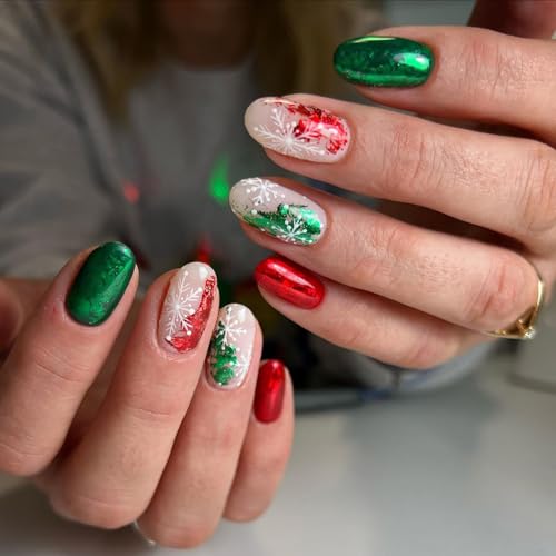 SWEKKE Christmas Press on Nails Short Almond Winter Fake Nails 24Pcs