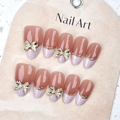 Short Almond French Tip Press On Nails with Gold Line & 3D Bow 30Pcs
