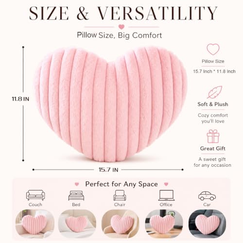 Pink Heart Pillow 15.7" x 11.8" - Soft Faux Rabbit Fur Cushion for Home Decor