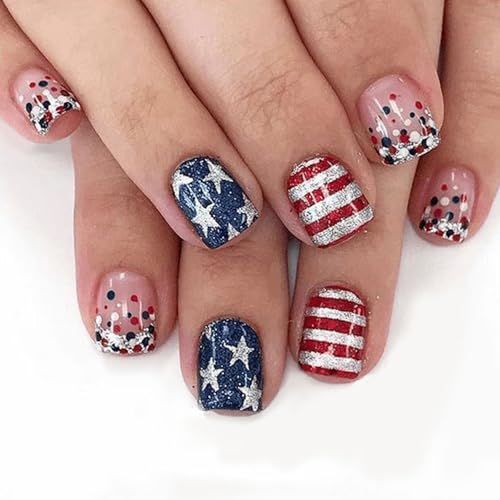 Independence Day Press on Nails Short Square Glossy Acrylic Star Design