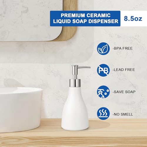 UHEY HOME Ceramic Hand Soap Dispenser - 8.5oz Refillable Bottle, Silver