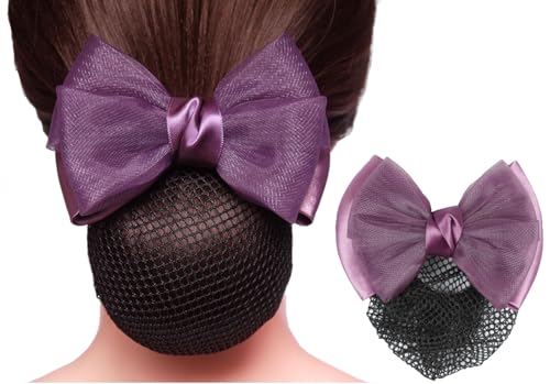 QUUPY Purple Bow Hair Net Barrette, Polyester Mesh Bun Cover Clip