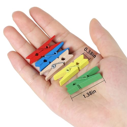 Pack of 100 White Mini Colored Wooden Clothespins with Jute Rope