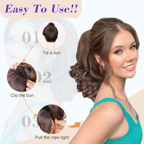 Short Wavy Ponytail Extension Drawstring Bronze Brown 11 Inch Synthetic Hair