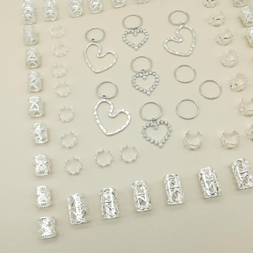 106 Pcs Silver Heart Hair Jewelry Clips Metal Cuffs for Braids Locs