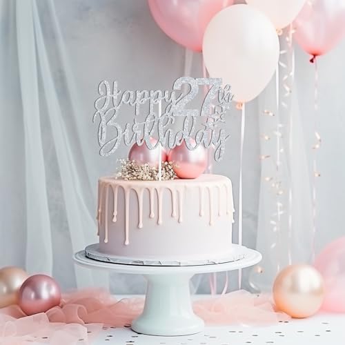 Happy 27th Birthday Cake Topper - Silver Glitter Decor