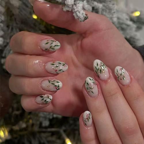 Christmas Press on Nails Short Almond French Tip Fake Nails 24Pcs