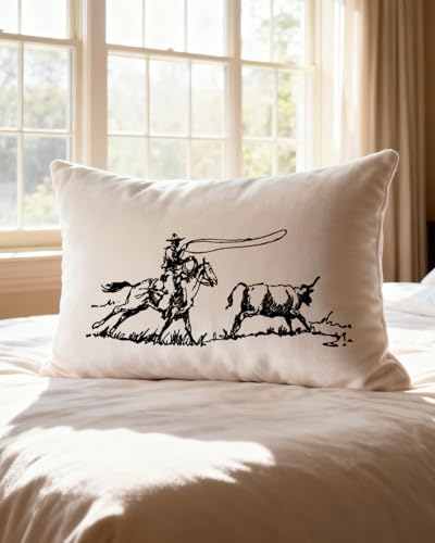 Western Cowboy Roping Bull Lumbar Pillow Cover 12x20 - Rustic Ranch Decor