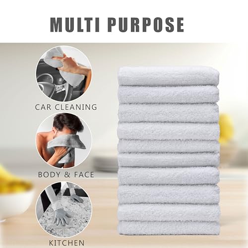 Textila Cotton Washcloths, 12x12 Inch, White - 10 Pack Soft Absorbent Towels
