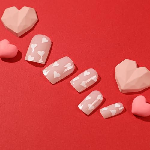 Valentine's Day Press On Nails Short Square Nude Fake Nails Heart Art