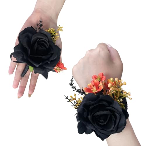 Black Rose Wrist Corsage and Boutonniere Set for Wedding Prom