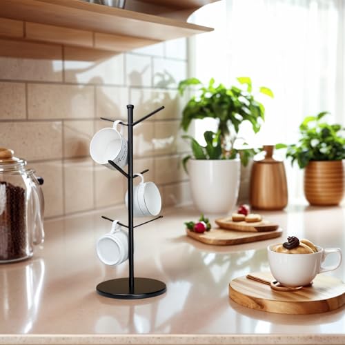 Metal Mug Tree with Bamboo Base - 6 Hook Cup Holder Rack