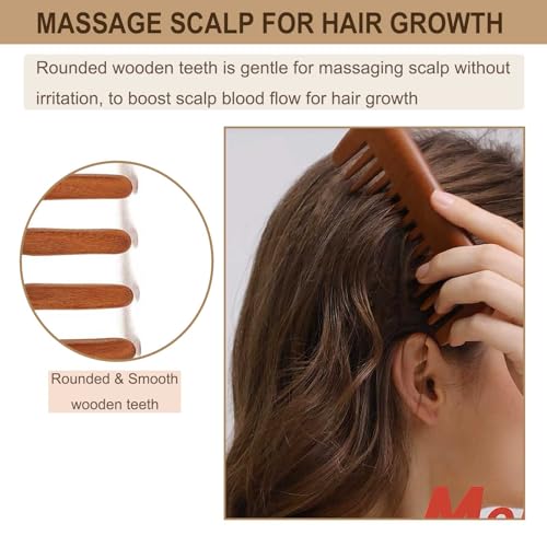 Natural Wooden Hair and Beard Comb Anti-Static Peachwood Scalp Massager with Pouch
