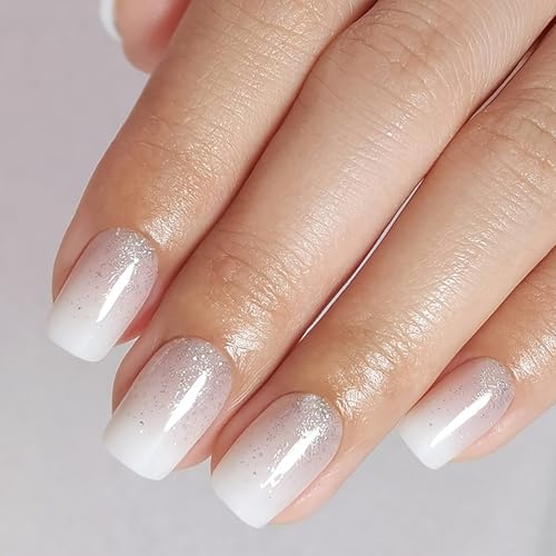 White Gradient Press on Nails Short Square False Nails with Silver Glitter