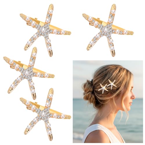 Tyqour 4Pcs Starfish & Pearl Hair Clips Mermaid Beach Hair Barrettes
