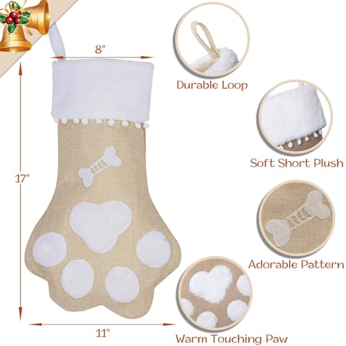 Dog Christmas Stockings Burlap with Paw Pattern 17 Inch Holiday Decor - Pack of 4 - Variation: Dog Paw / Pack