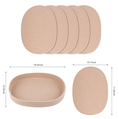 Brown Handmade Boho Placemats Set of 6 Oval - Natural Woven Cotton Farmhouse Table Mats for Dining, Fall, Halloween, Thanksgiving, Christmas