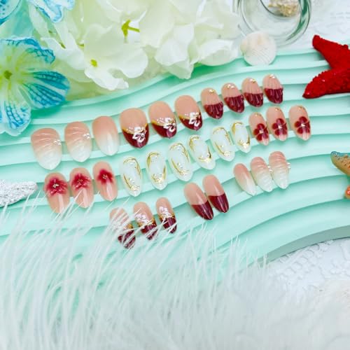 3D Floral Press On Nails Short Almond False Nails French Tip Acrylic