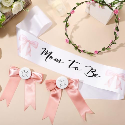 Pink Bow Mom to Be Sash Set with Crown & Pins for Baby Shower