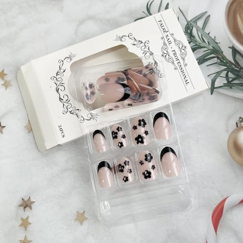 LYLYNB Black French Tip Press on Nails with Floral Art - Almond False Nails