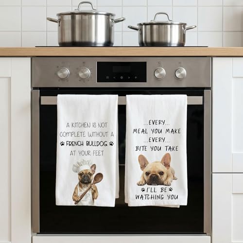 French Bulldog Kitchen Towel Set - Absorbent Cotton Dish Towels (18 x 26)