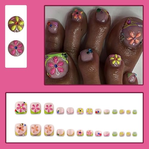 French Tip Press On Toenails Short Square 3D Flower Rhinestone